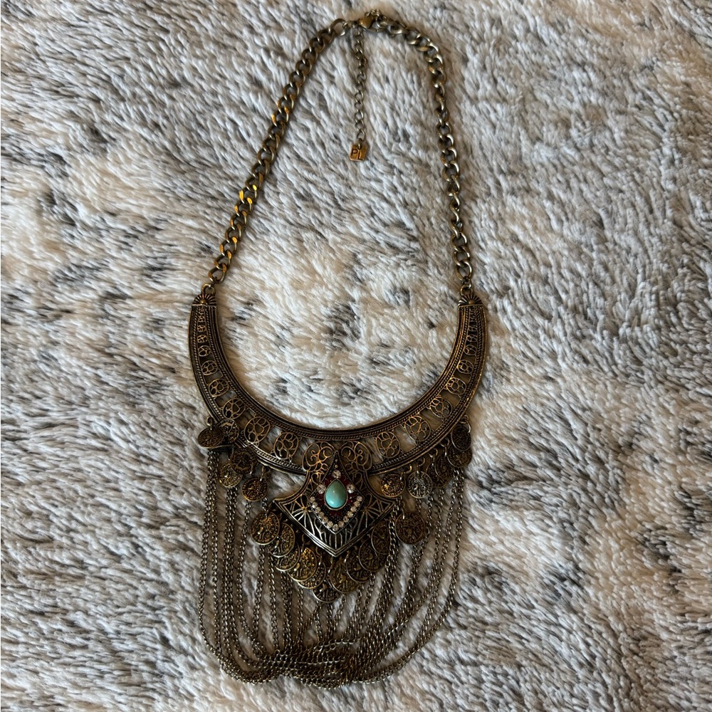 Vintage Gold Statement Necklace with Turquoise Accent